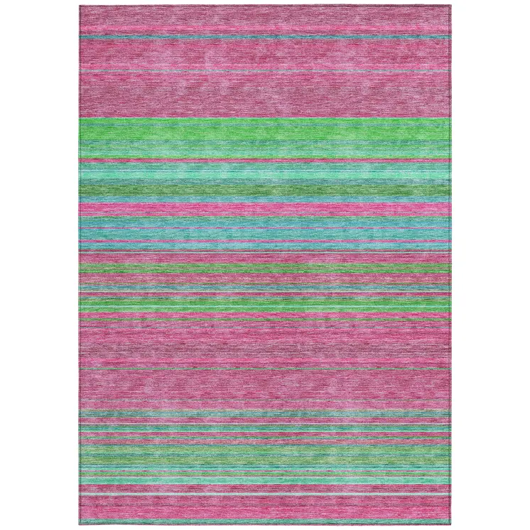 9' X 12' Blush Lime Green And Teal Blue Striped Washable Indoor Outdoor Area Rug