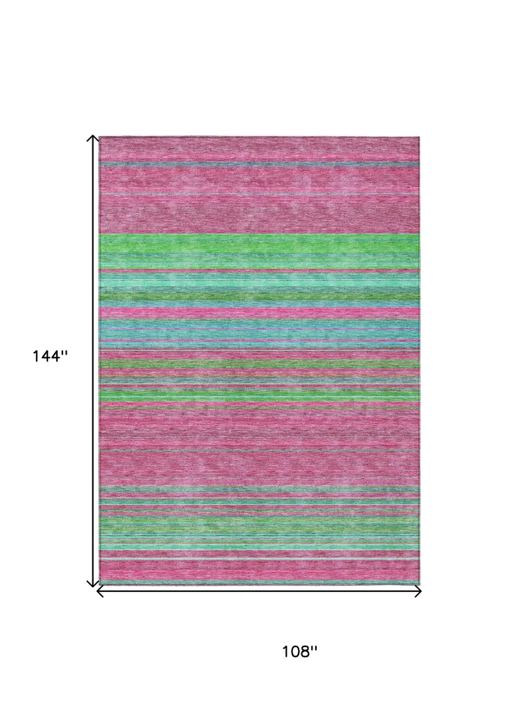 9' X 12' Blush Lime Green And Teal Blue Striped Washable Indoor Outdoor Area Rug