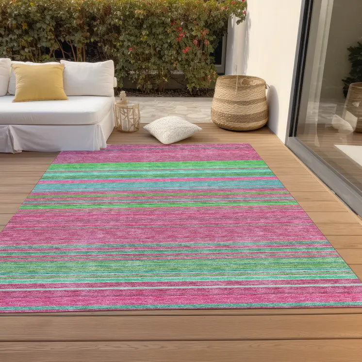 9' X 12' Blush Lime Green And Teal Blue Striped Washable Indoor Outdoor Area Rug