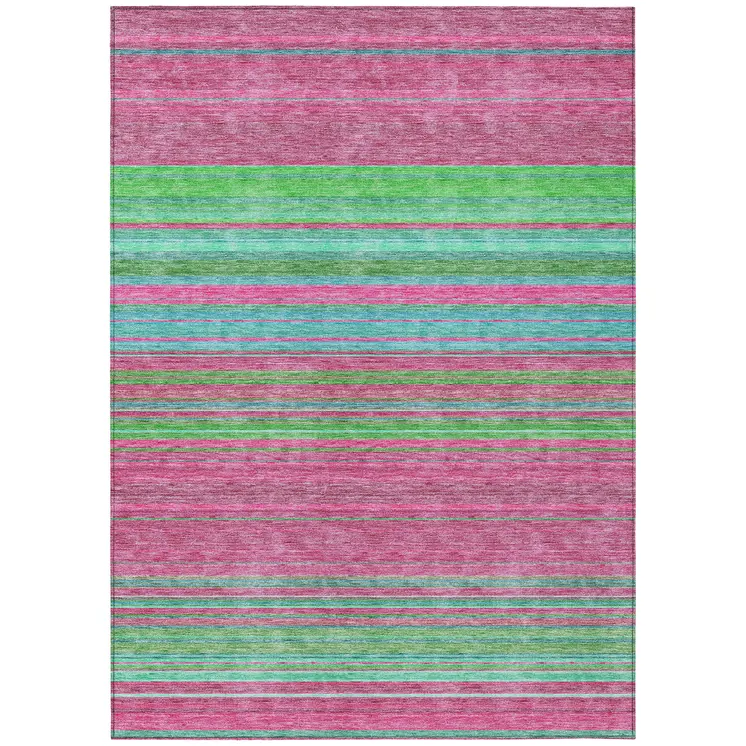 9' X 12' Blush Lime Green And Teal Blue Striped Washable Indoor Outdoor Area Rug