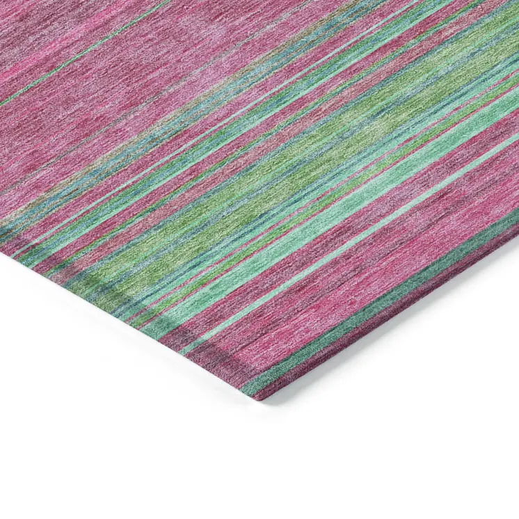 9' X 12' Blush Lime Green And Teal Blue Striped Washable Indoor Outdoor Area Rug