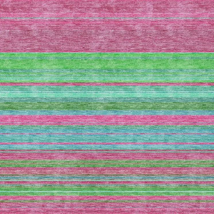 9' X 12' Blush Lime Green And Teal Blue Striped Washable Indoor Outdoor Area Rug