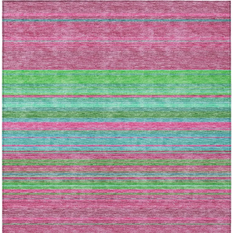 10' X 14' Blush Lime Green And Teal Blue Striped Washable Indoor Outdoor Area Rug