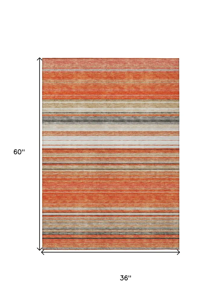 3' X 5' Coral Ivory And Gray Striped Washable Indoor Outdoor Area Rug