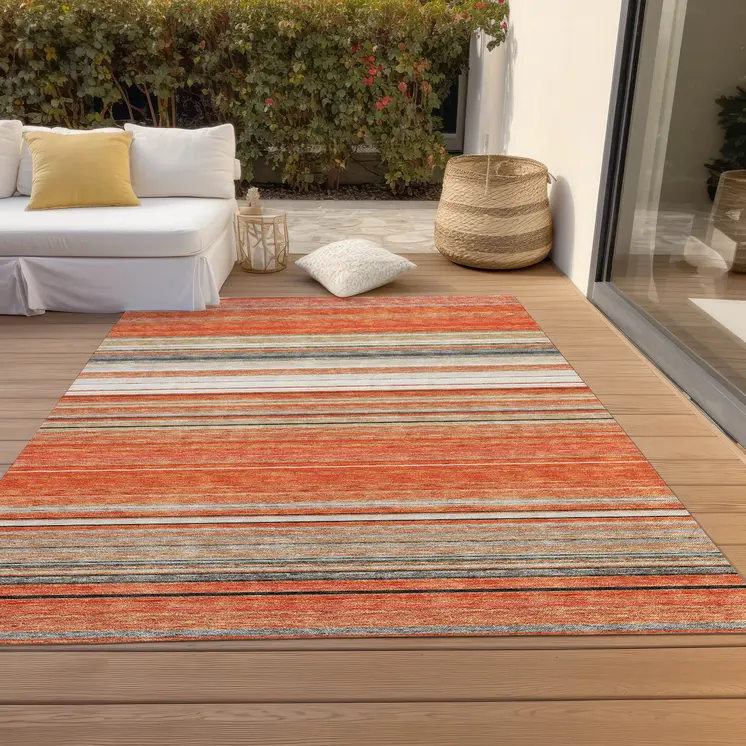 3' X 5' Coral Ivory And Gray Striped Washable Indoor Outdoor Area Rug