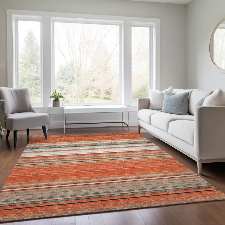 3' X 5' Coral Ivory And Gray Striped Washable Indoor Outdoor Area Rug