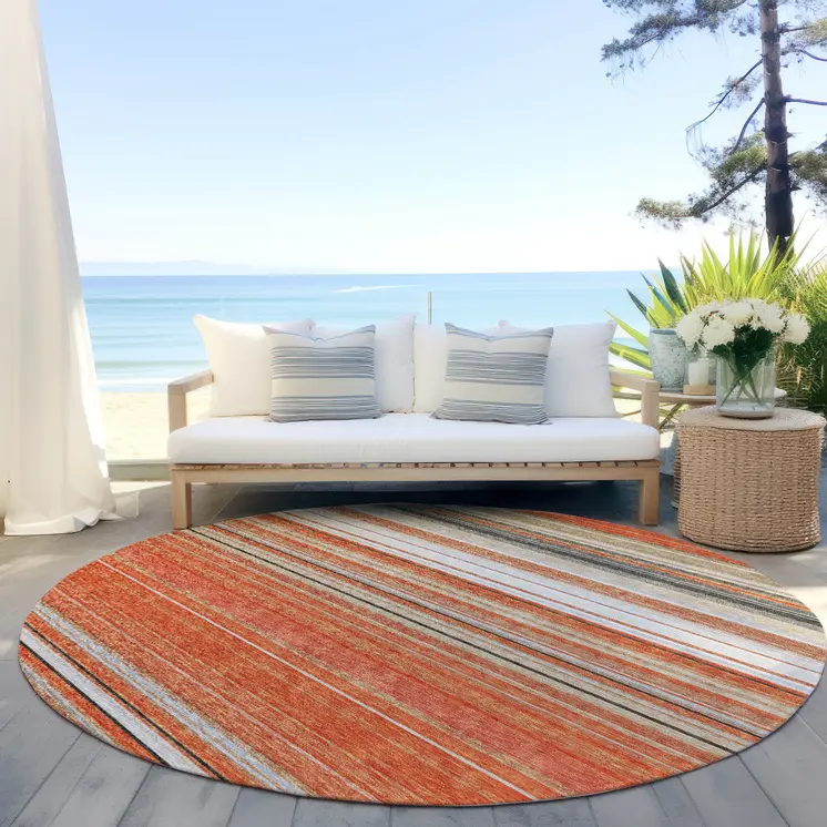 8' Coral Ivory And Gray Round Striped Washable Indoor Outdoor Area Rug