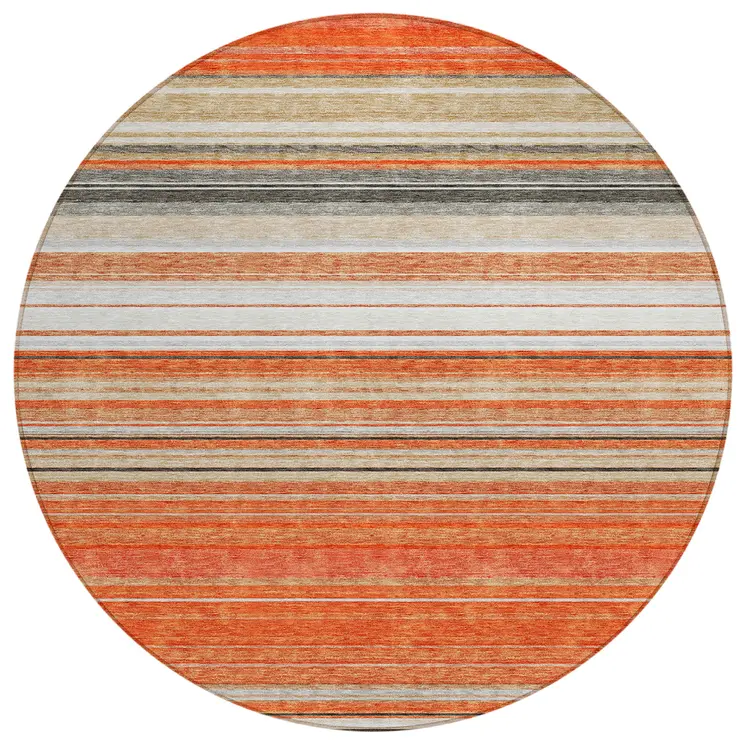8' Coral Ivory And Gray Round Striped Washable Indoor Outdoor Area Rug