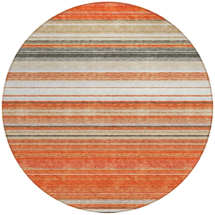 8' Coral Ivory And Gray Round Striped Washable Indoor Outdoor Area Rug