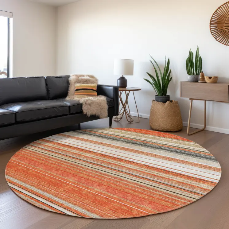 8' Coral Ivory And Gray Round Striped Washable Indoor Outdoor Area Rug