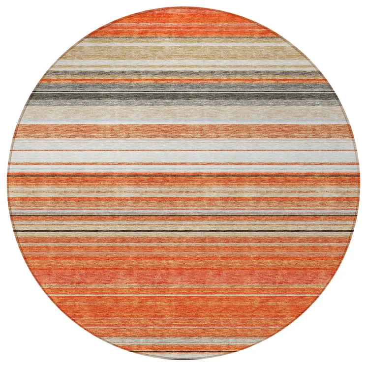 8' Coral Ivory And Gray Round Striped Washable Indoor Outdoor Area Rug