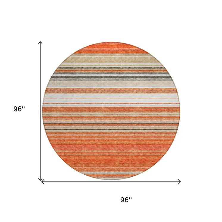 8' Coral Ivory And Gray Round Striped Washable Indoor Outdoor Area Rug