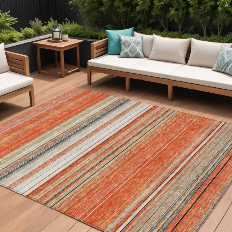 8' X 10' Coral Ivory And Gray Striped Washable Indoor Outdoor Area Rug