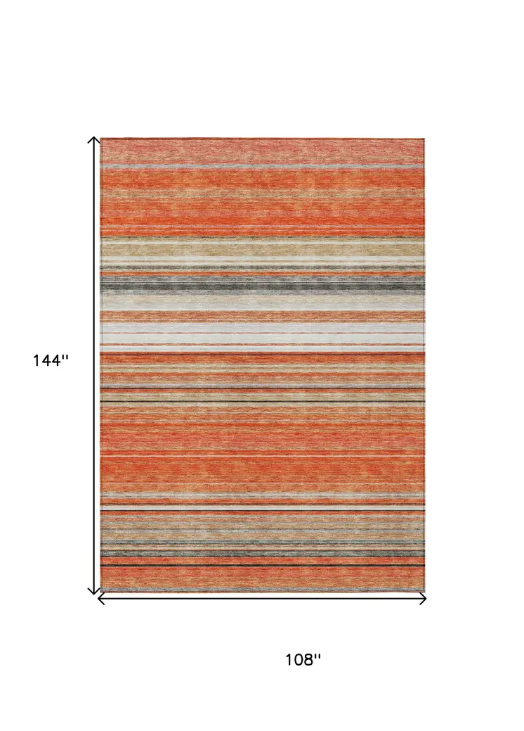 9' X 12' Coral Ivory And Gray Striped Washable Indoor Outdoor Area Rug