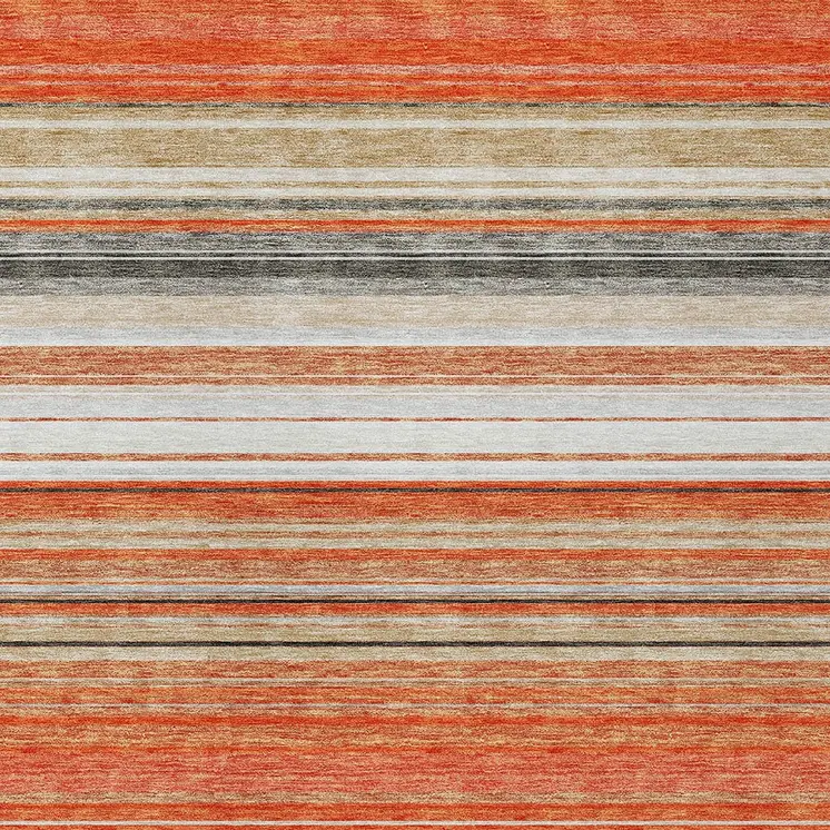 9' X 12' Coral Ivory And Gray Striped Washable Indoor Outdoor Area Rug