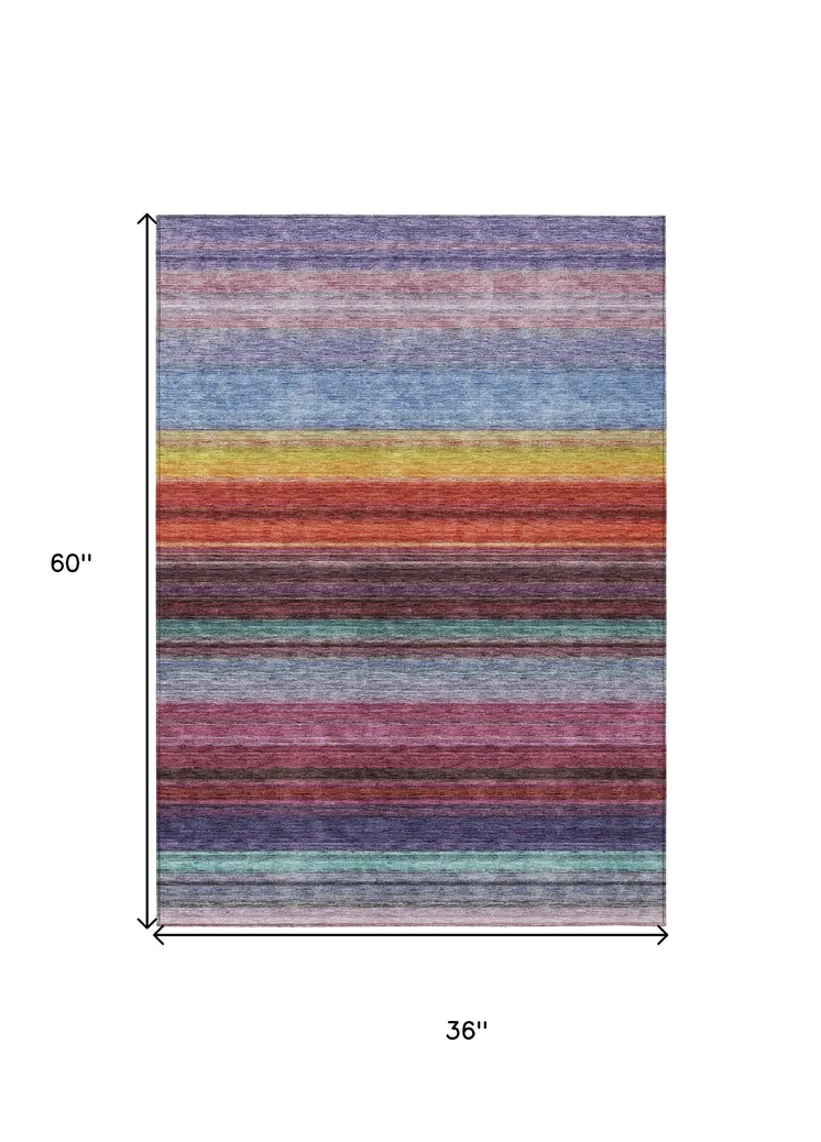 3' X 5' Lavender Blush And Blue Striped Washable Indoor Outdoor Area Rug