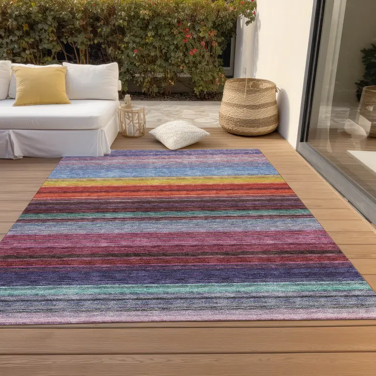 3' X 5' Lavender Blush And Blue Striped Washable Indoor Outdoor Area Rug
