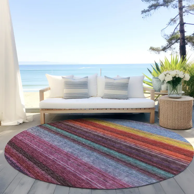 8' Lavender Blush And Blue Round Striped Washable Indoor Outdoor Area Rug