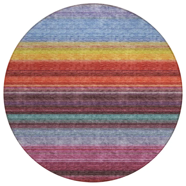 8' Lavender Blush And Blue Round Striped Washable Indoor Outdoor Area Rug