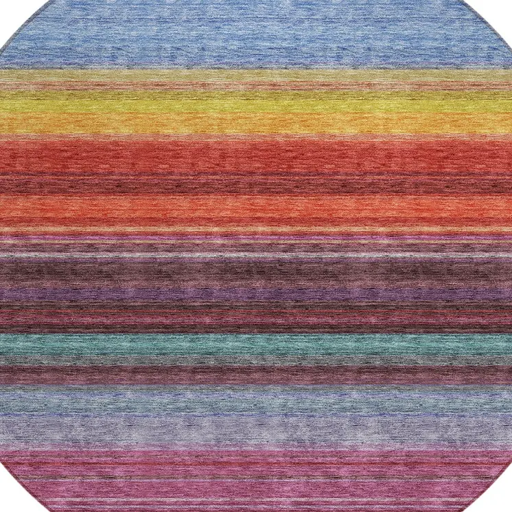 8' Lavender Blush And Blue Round Striped Washable Indoor Outdoor Area Rug