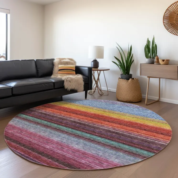 8' Lavender Blush And Blue Round Striped Washable Indoor Outdoor Area Rug