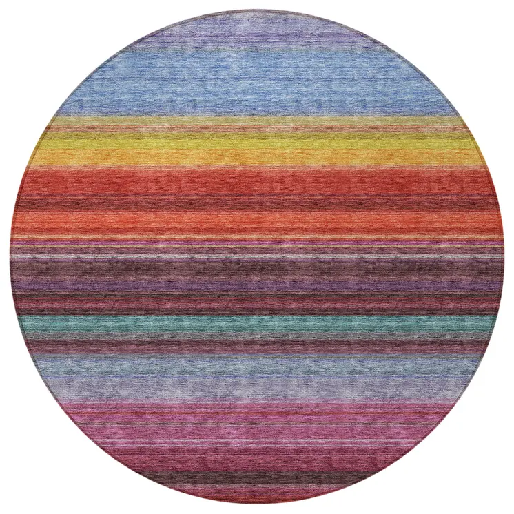 8' Lavender Blush And Blue Round Striped Washable Indoor Outdoor Area Rug