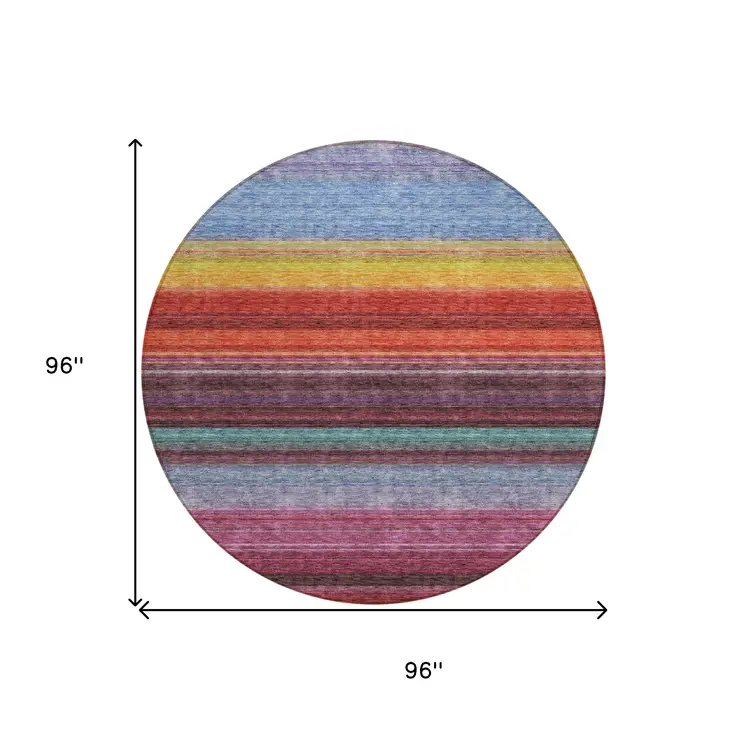8' Lavender Blush And Blue Round Striped Washable Indoor Outdoor Area Rug