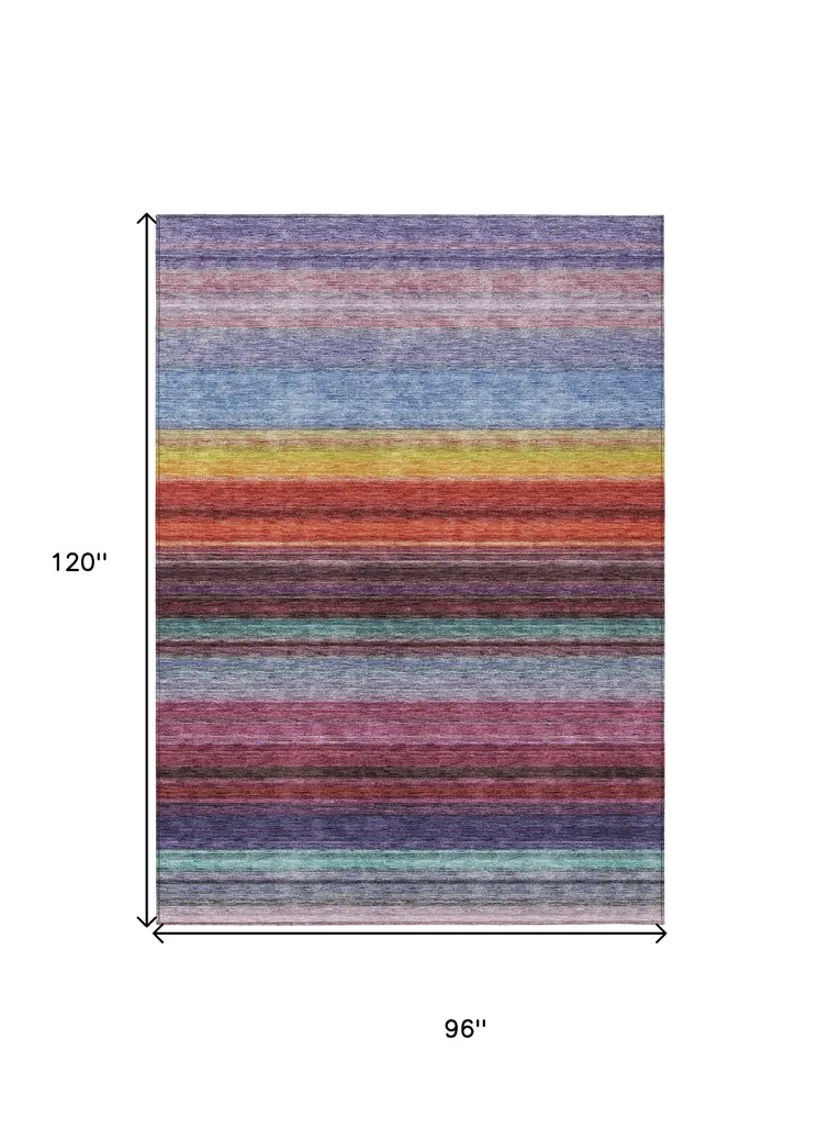 8' X 10' Lavender Blush And Blue Striped Washable Indoor Outdoor Area Rug
