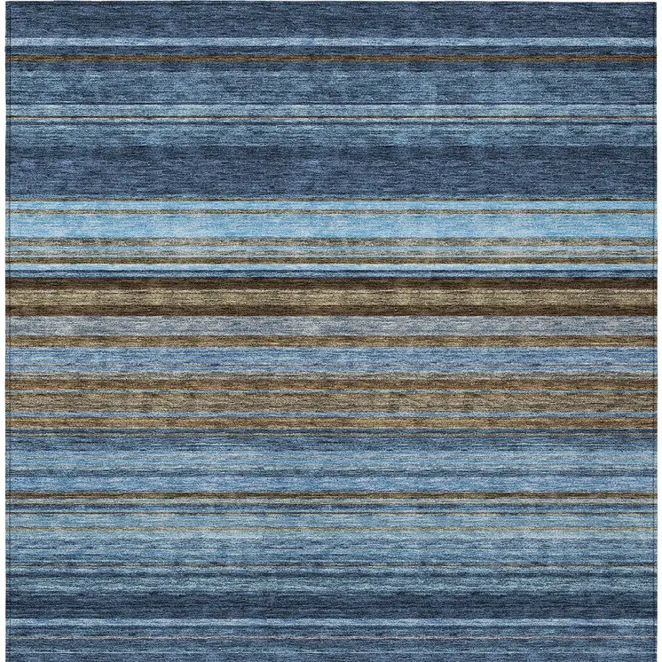 3' X 5' Navy Blue Sky Blue And Taupe Striped Washable Indoor Outdoor Area Rug
