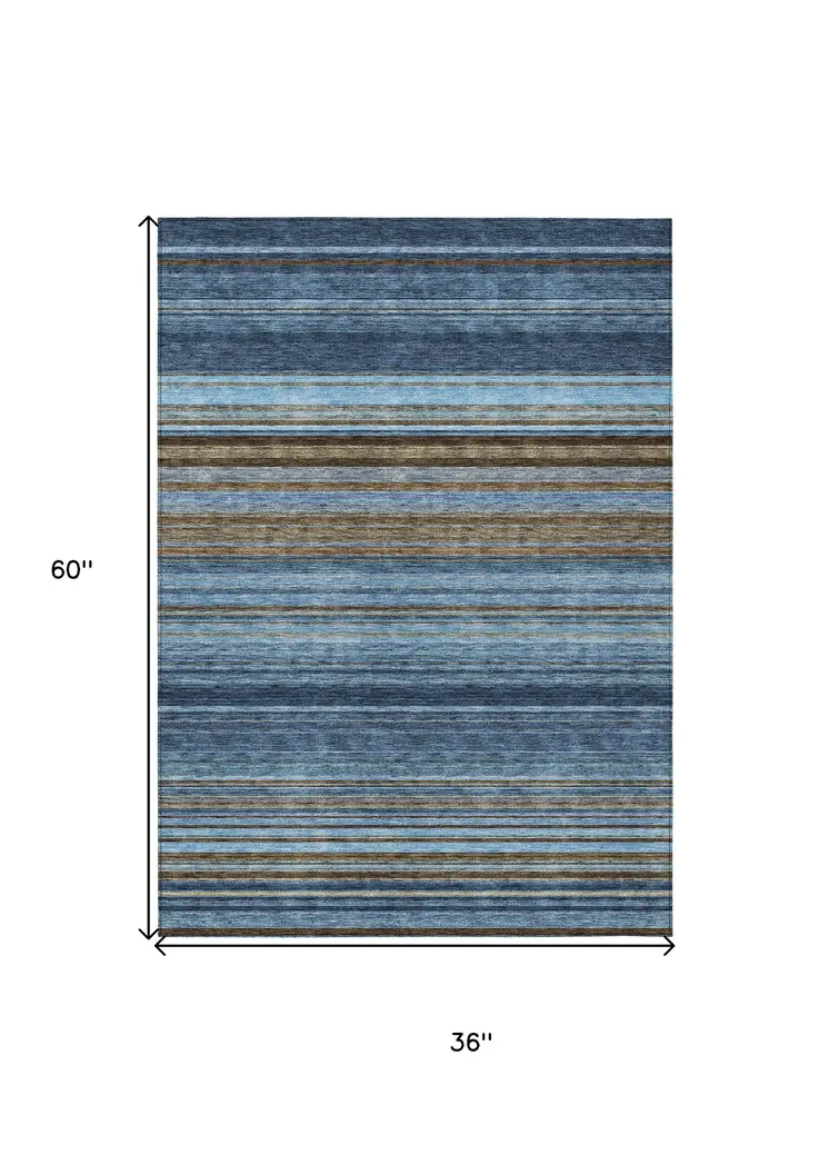 3' X 5' Navy Blue Sky Blue And Taupe Striped Washable Indoor Outdoor Area Rug