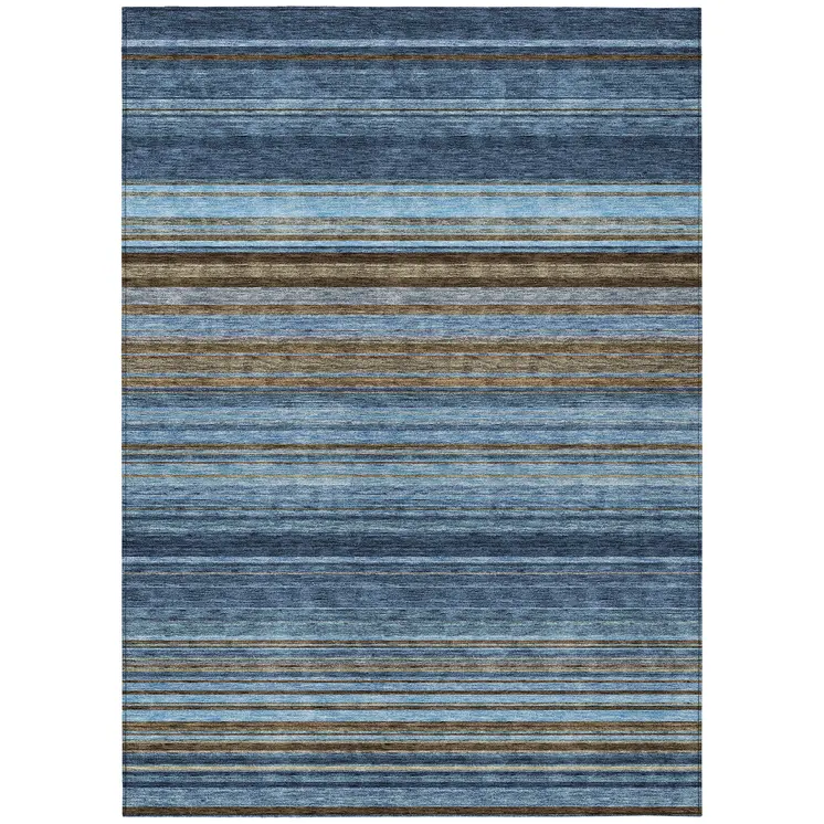 3' X 5' Navy Blue Sky Blue And Taupe Striped Washable Indoor Outdoor Area Rug