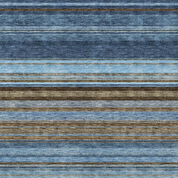 3' X 5' Navy Blue Sky Blue And Taupe Striped Washable Indoor Outdoor Area Rug
