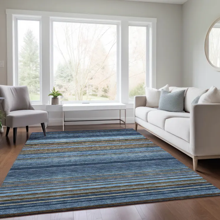 3' X 5' Navy Blue Sky Blue And Taupe Striped Washable Indoor Outdoor Area Rug