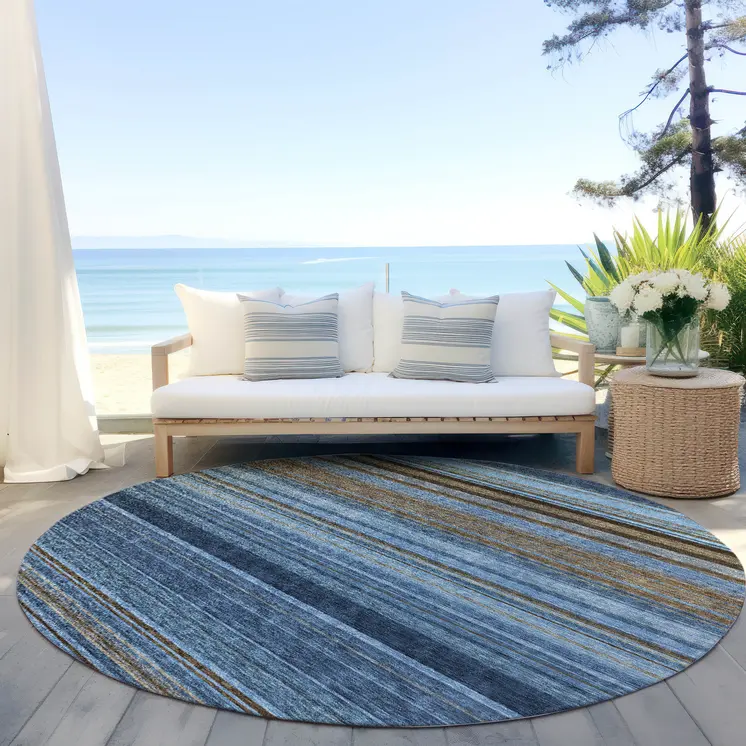8' Navy Blue Sky Blue And Taupe Round Striped Washable Indoor Outdoor Area Rug