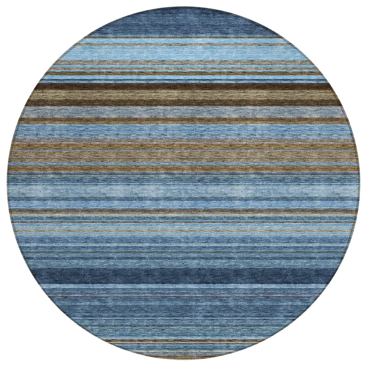 8' Navy Blue Sky Blue And Taupe Round Striped Washable Indoor Outdoor Area Rug