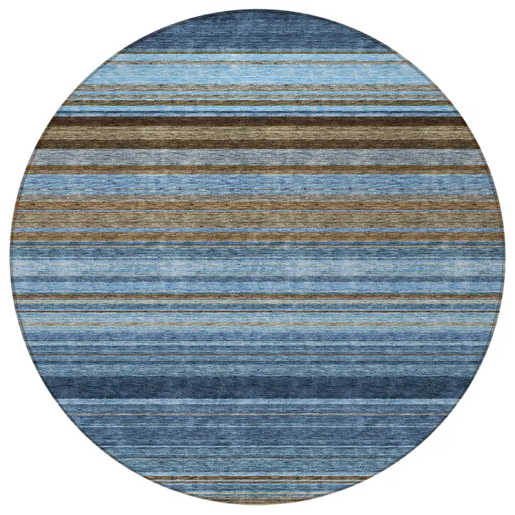 8' Navy Blue Sky Blue And Taupe Round Striped Washable Indoor Outdoor Area Rug