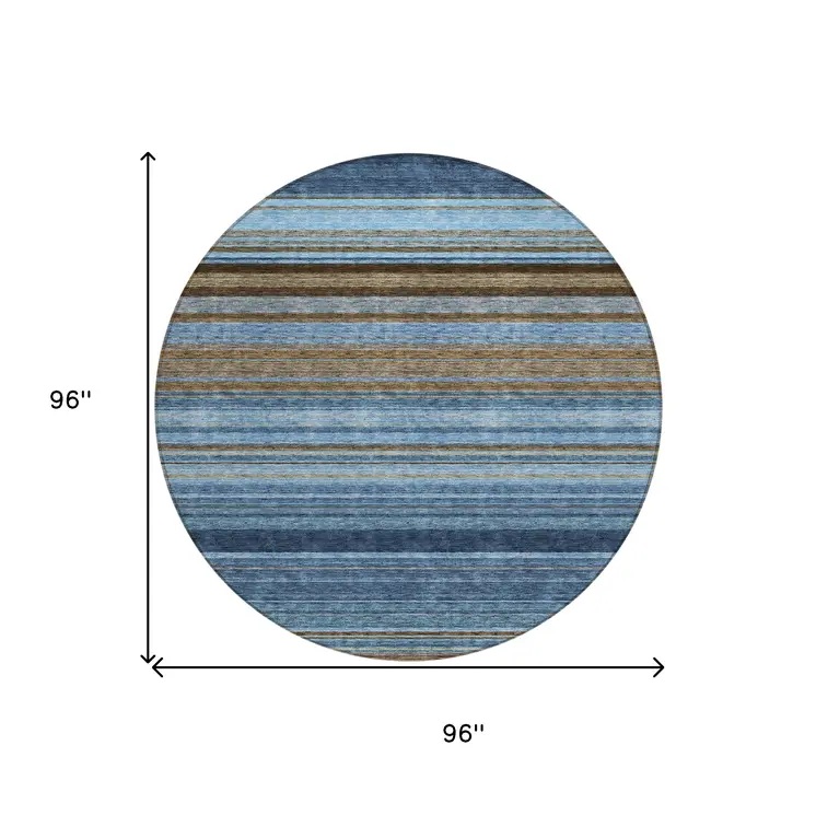 8' Navy Blue Sky Blue And Taupe Round Striped Washable Indoor Outdoor Area Rug