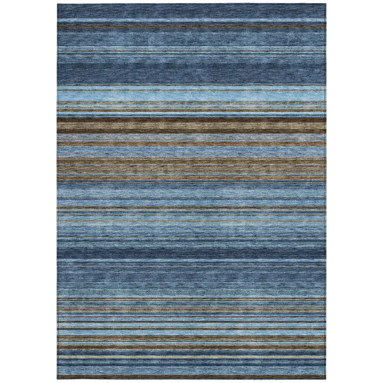 8' X 10' Navy Blue Sky Blue And Taupe Striped Washable Indoor Outdoor Area Rug