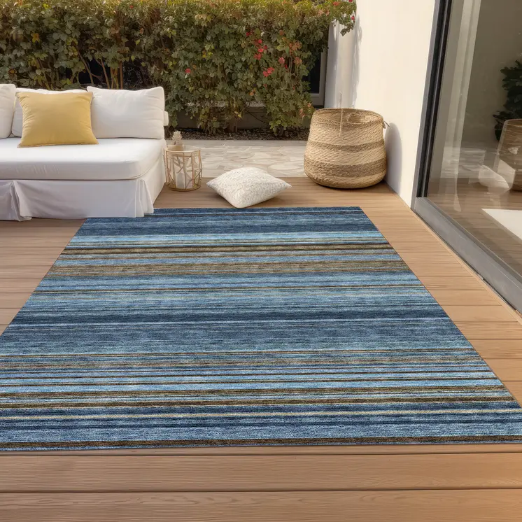 10' X 14' Navy Blue Sky Blue And Taupe Striped Washable Indoor Outdoor Area Rug