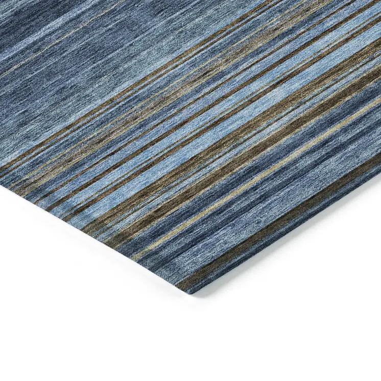 10' X 14' Navy Blue Sky Blue And Taupe Striped Washable Indoor Outdoor Area Rug