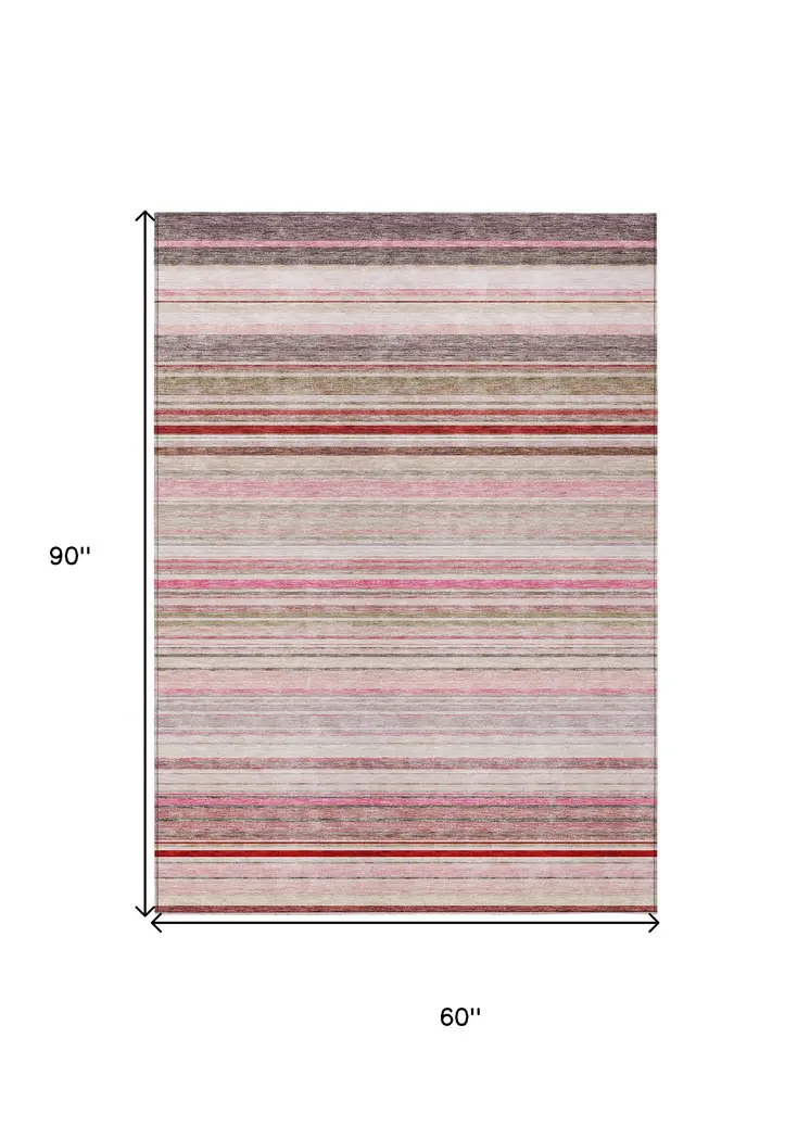 5' X 8' Pink Blush And Burgundy Striped Washable Indoor Outdoor Area Rug
