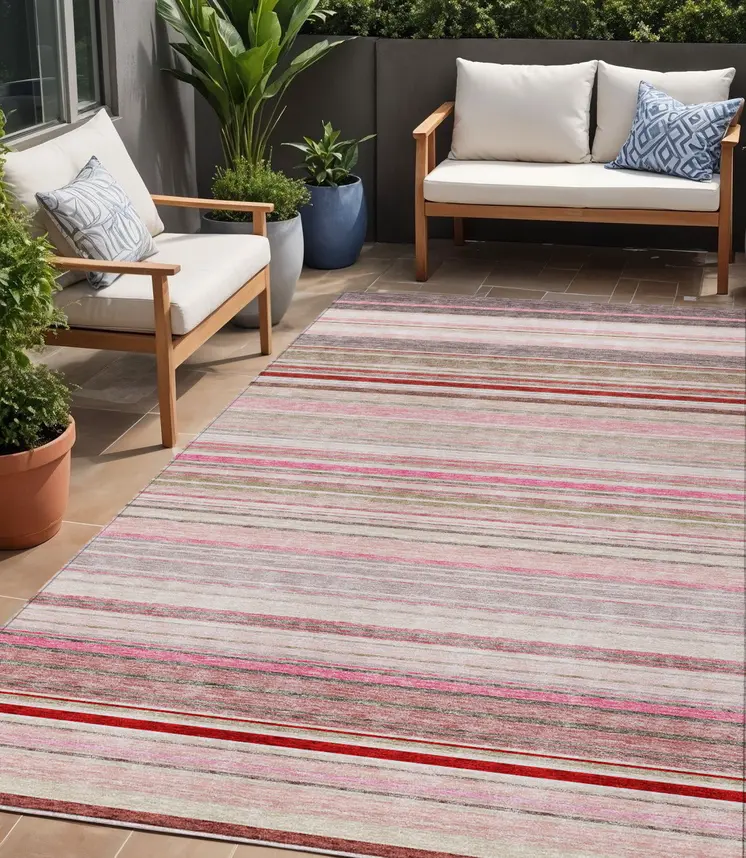5' X 8' Pink Blush And Burgundy Striped Washable Indoor Outdoor Area Rug