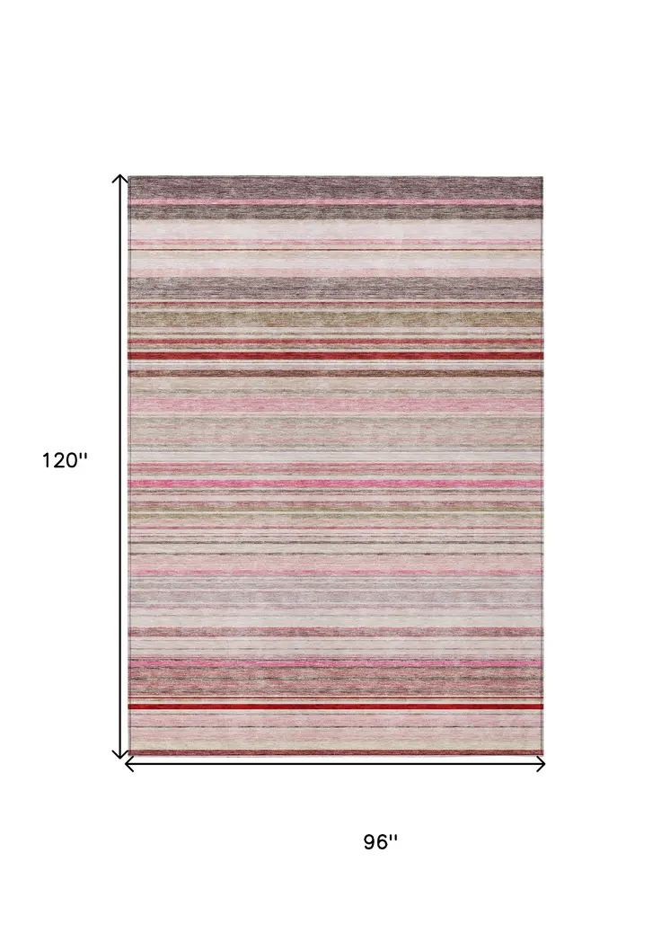 8' X 10' Pink Blush And Burgundy Striped Washable Indoor Outdoor Area Rug