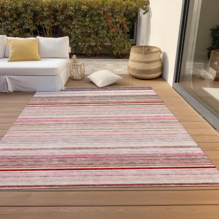 8' X 10' Pink Blush And Burgundy Striped Washable Indoor Outdoor Area Rug