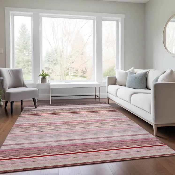 8' X 10' Pink Blush And Burgundy Striped Washable Indoor Outdoor Area Rug