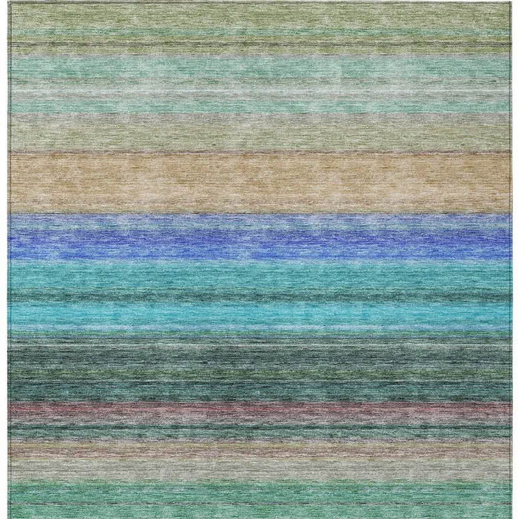 3' X 5' Sage Teal Blue And Tan Striped Washable Indoor Outdoor Area Rug