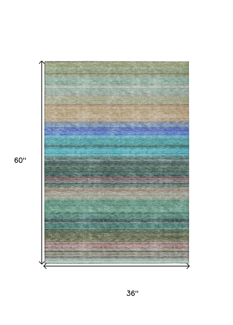 3' X 5' Sage Teal Blue And Tan Striped Washable Indoor Outdoor Area Rug