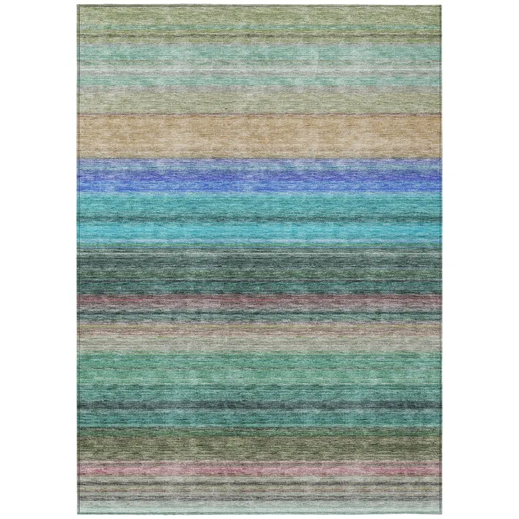3' X 5' Sage Teal Blue And Tan Striped Washable Indoor Outdoor Area Rug