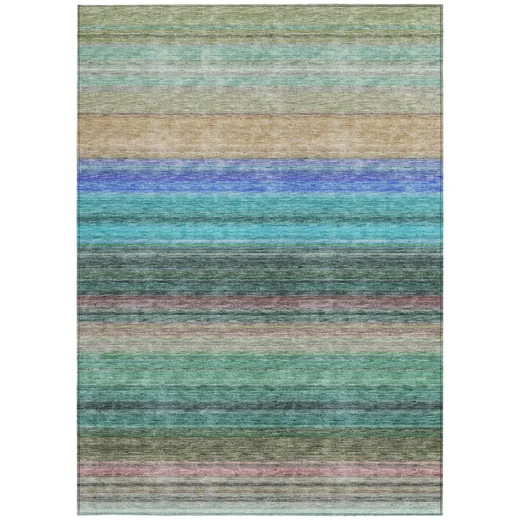 5' X 8' Sage Teal Blue And Tan Striped Washable Indoor Outdoor Area Rug
