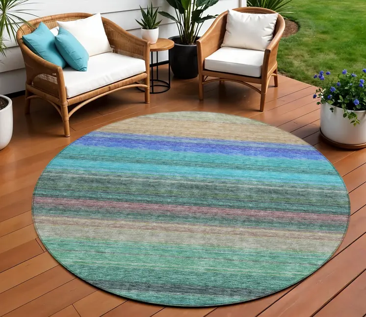 8' Sage Teal Blue And Tan Round Striped Washable Indoor Outdoor Area Rug